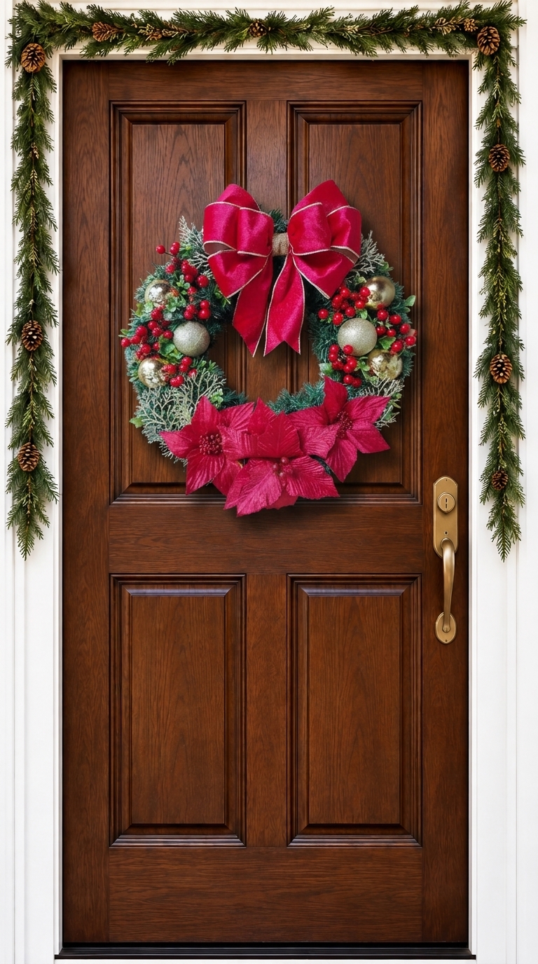 Guirlanda de Natal decorando uma porta, sem corte da imagem